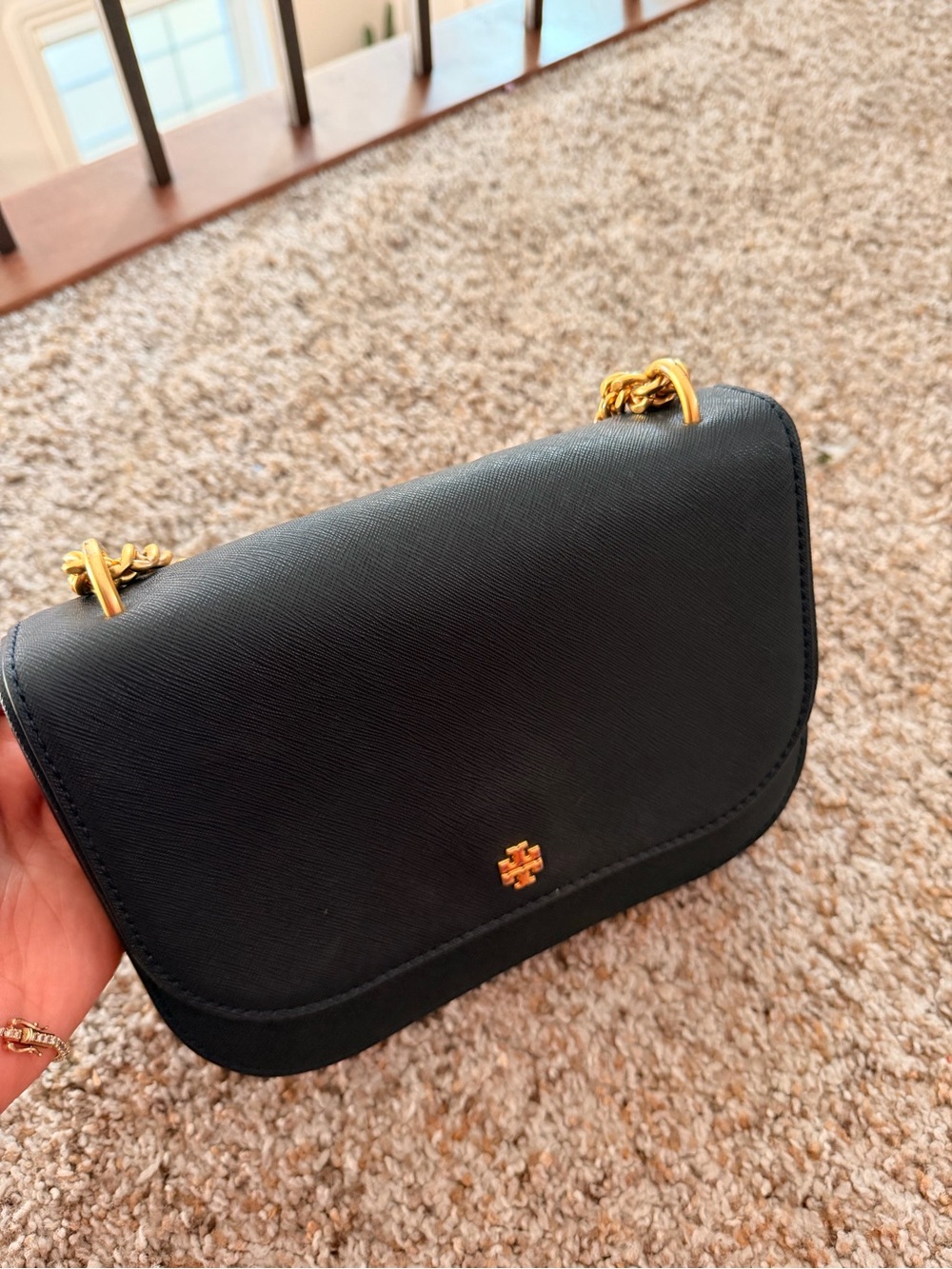 Tory Burch Black Saffiano Crossbody Bag with Gold Chain